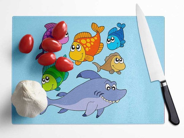 Shark And Fish Baby Blue Glass Chopping Board