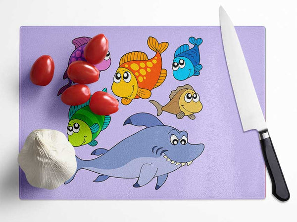 Shark And Fish Lilac Glass Chopping Board