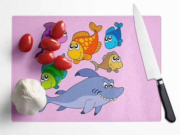 Shark And Fish Pink Glass Chopping Board