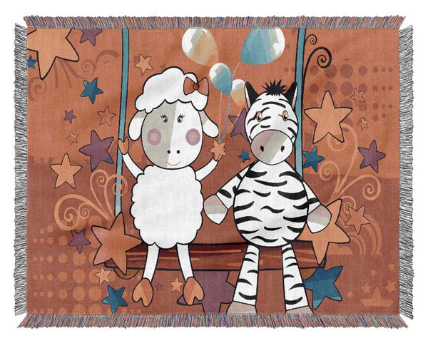 Sheep And Zebra On Swing Celebration White Woven Blanket