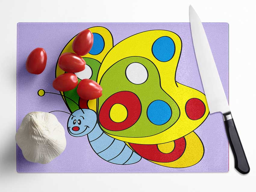 Smiling Flying Caterpilla Lilac Glass Chopping Board