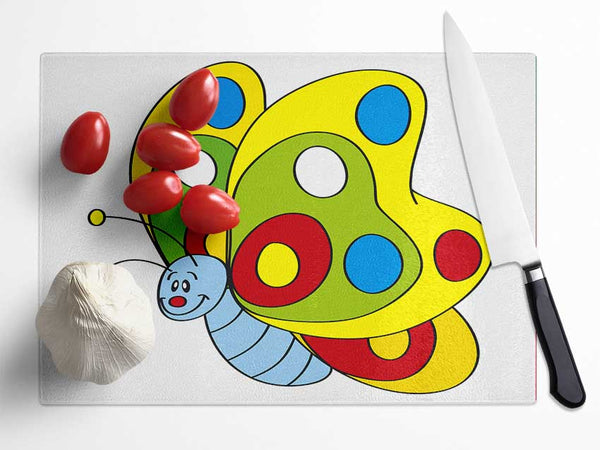 Smiling Flying Caterpilla White Glass Chopping Board