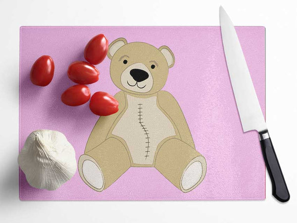 Stitched Up Teddy Pink Glass Chopping Board