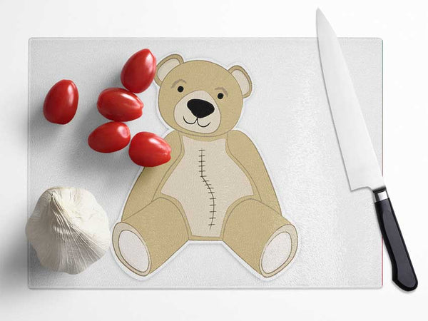 Stitched Up Teddy White Glass Chopping Board