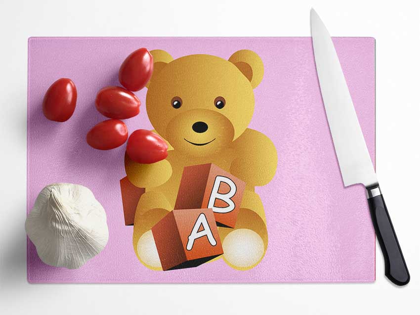 Teddy Bear Alphabet Blocks Pink Glass Chopping Board