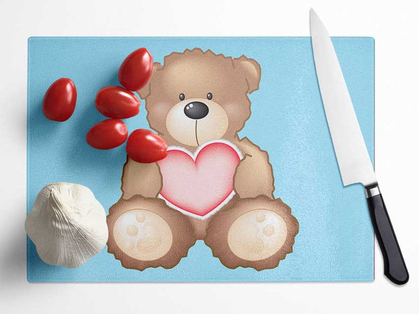 Teddy Bear Love Heart Baby Blue Glass Chopping Board