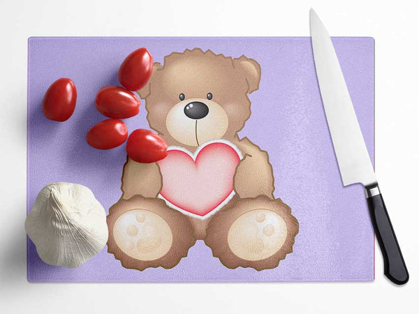 Teddy Bear Love Heart Lilac Glass Chopping Board