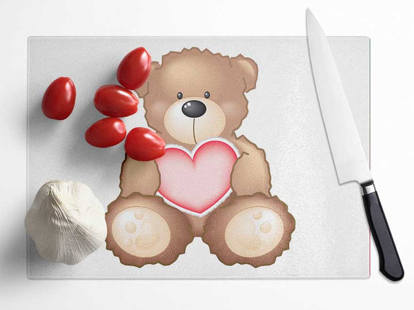 Teddy Bear Love Heart White Glass Chopping Board