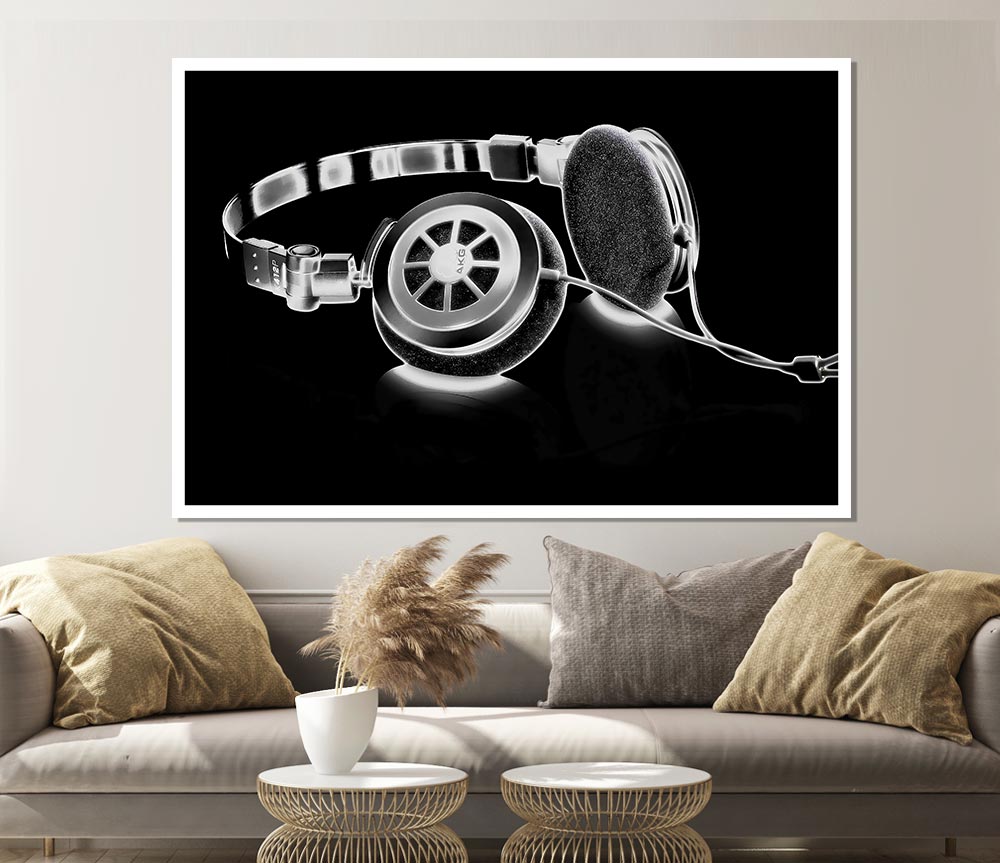 Headphones B N W Print Poster Wall Art