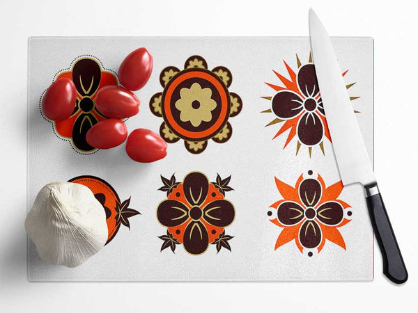 Orange And Brown Flower Heads Glass Chopping Board