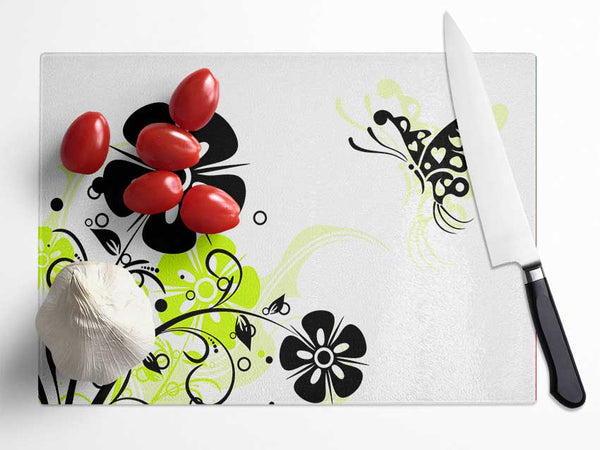 Black Flower Butterfly Glass Chopping Board