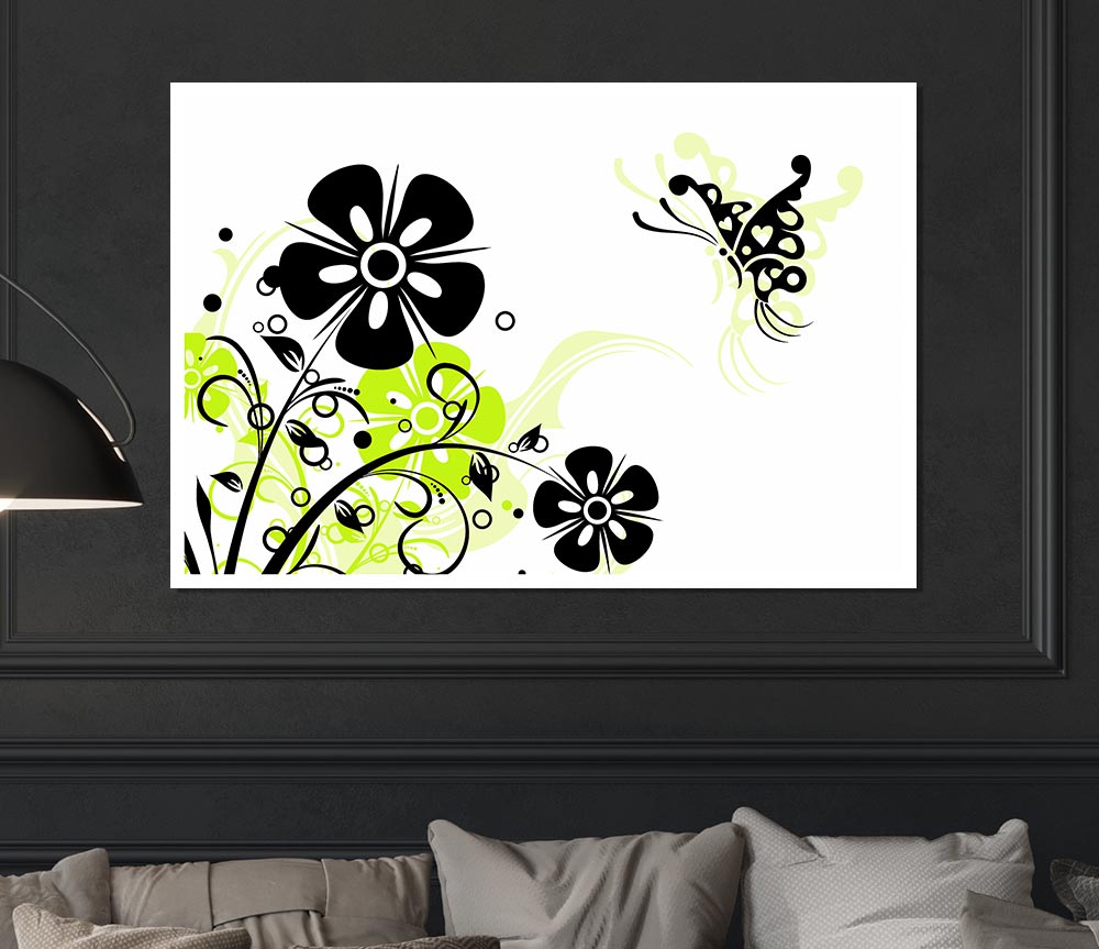 Black Flower Butterfly Print Poster Wall Art