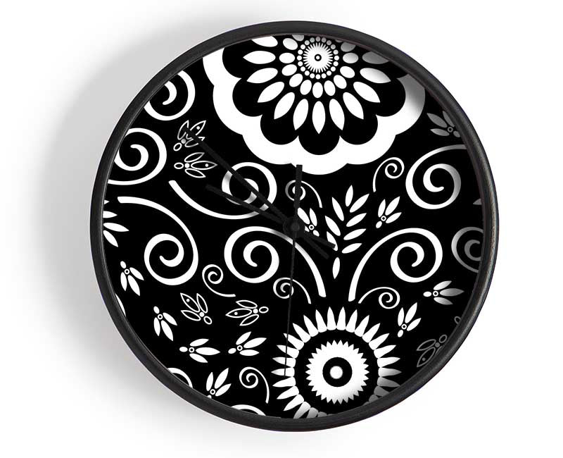 Flock Of Flowers White On Black Clock - Wallart-Direct UK