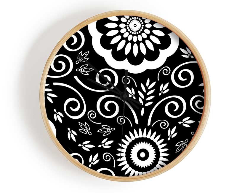 Flock Of Flowers White On Black Clock - Wallart-Direct UK