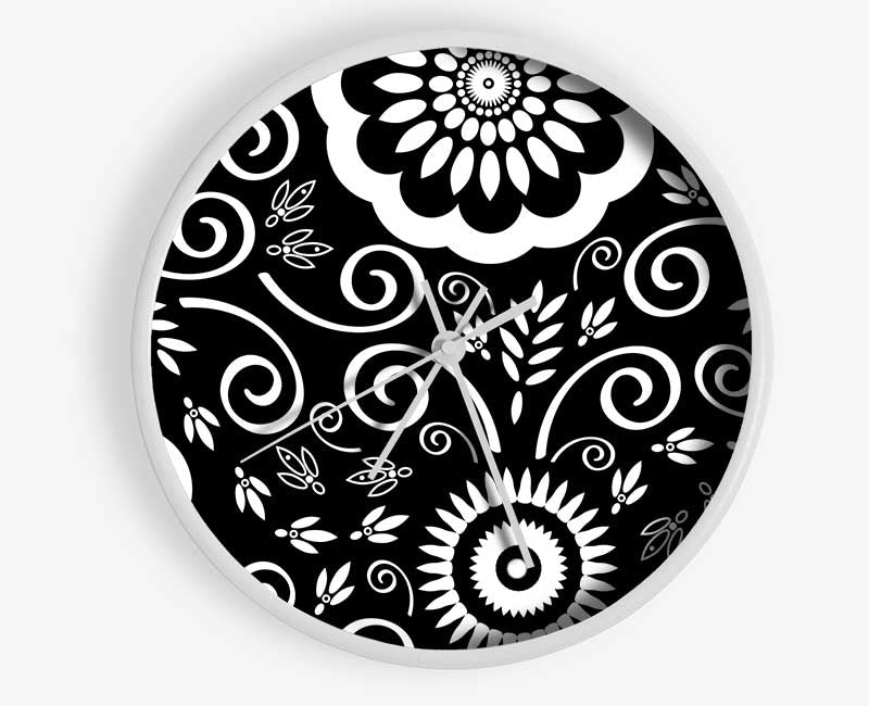 Flock Of Flowers White On Black Clock - Wallart-Direct UK