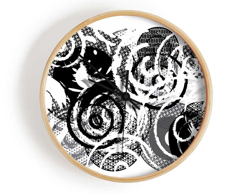 Swirls Of Circles B n W Clock - Wallart-Direct UK