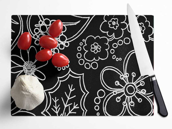 Bloom White On Black Glass Chopping Board