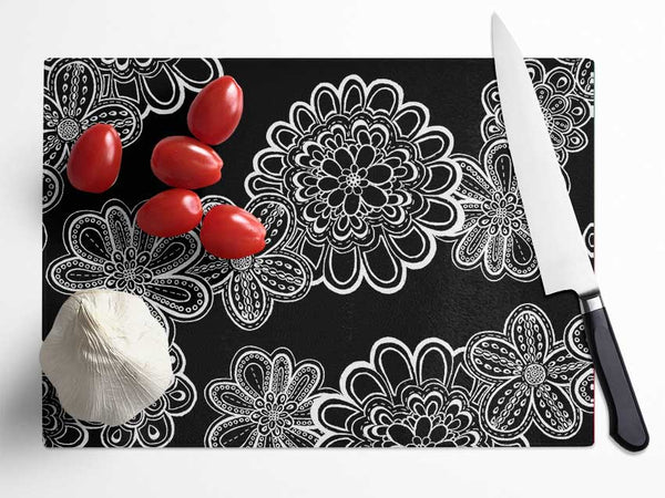 White On Black Bloom Glass Chopping Board