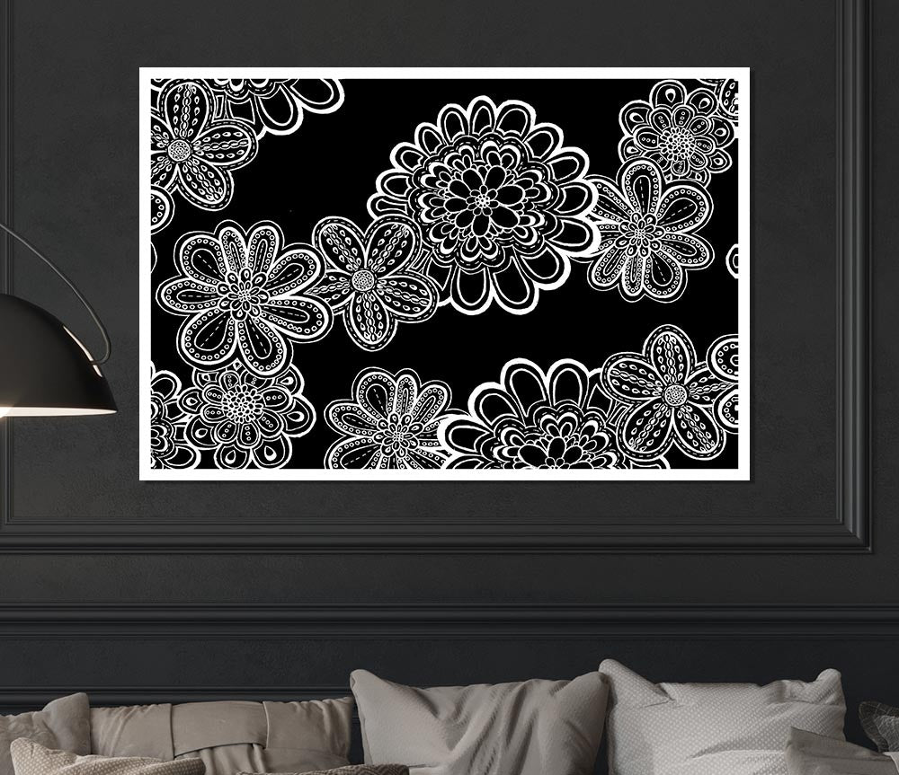 White On Black Bloom Print Poster Wall Art