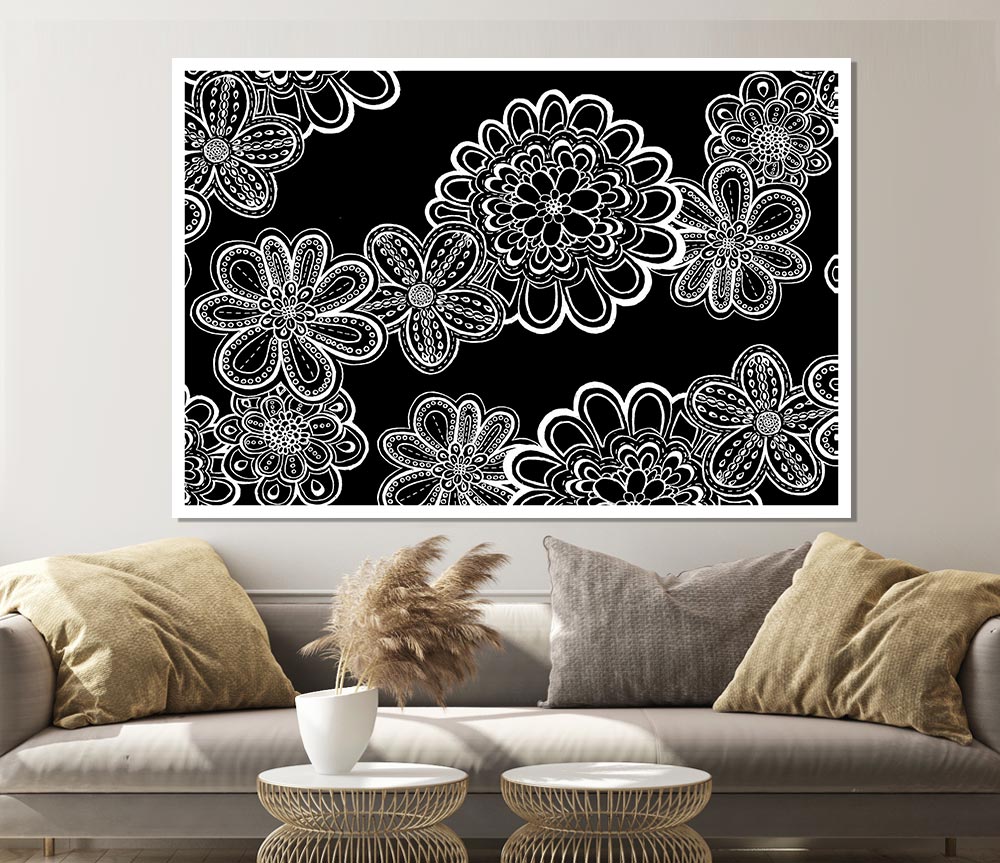 White On Black Bloom Print Poster Wall Art