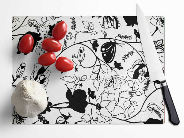 Floral Desire Black On White Glass Chopping Board