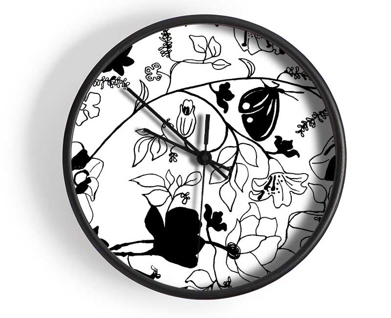 Floral Desire Black On White Clock - Wallart-Direct UK