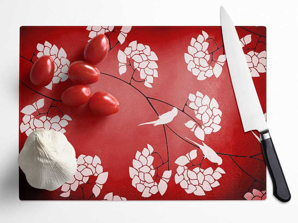 Red Feather Branches Glass Chopping Board