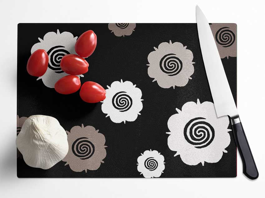 Flowers Beige On Black Glass Chopping Board