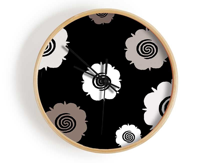 Flowers Beige On Black Clock - Wallart-Direct UK