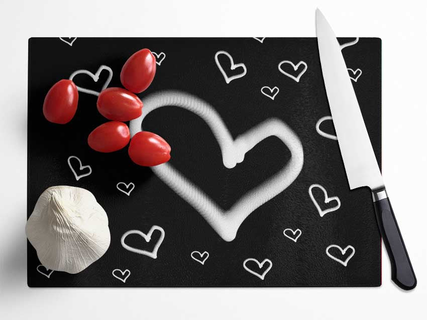 Love Hearts White On Black Glass Chopping Board