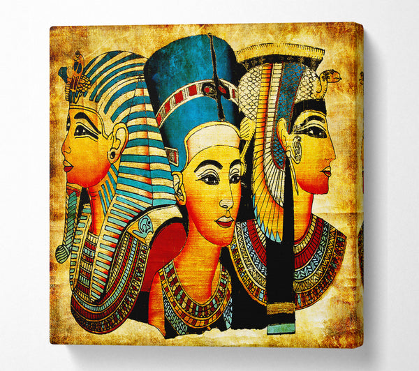 A Square Canvas Print Showing Heads Of Three Egyptian Queens n Kings Square Wall Art