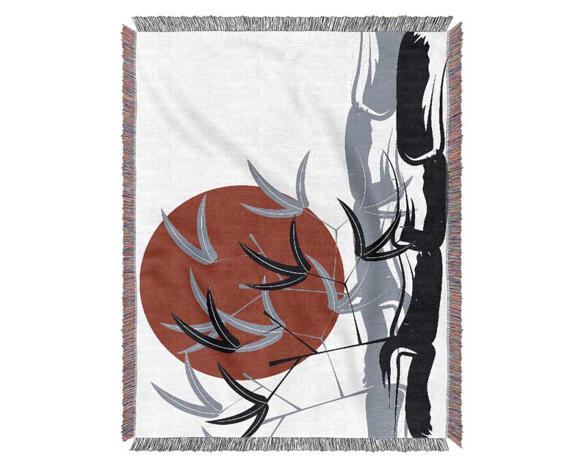 Bamboo Leaves In The Red Sun Woven Blanket