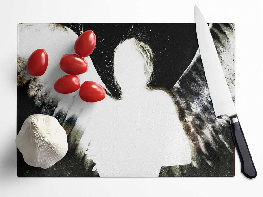 Angels In The Night White On Black Glass Chopping Board