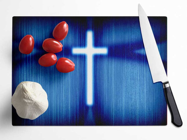 Christian White Cross Blue Background Glass Chopping Board