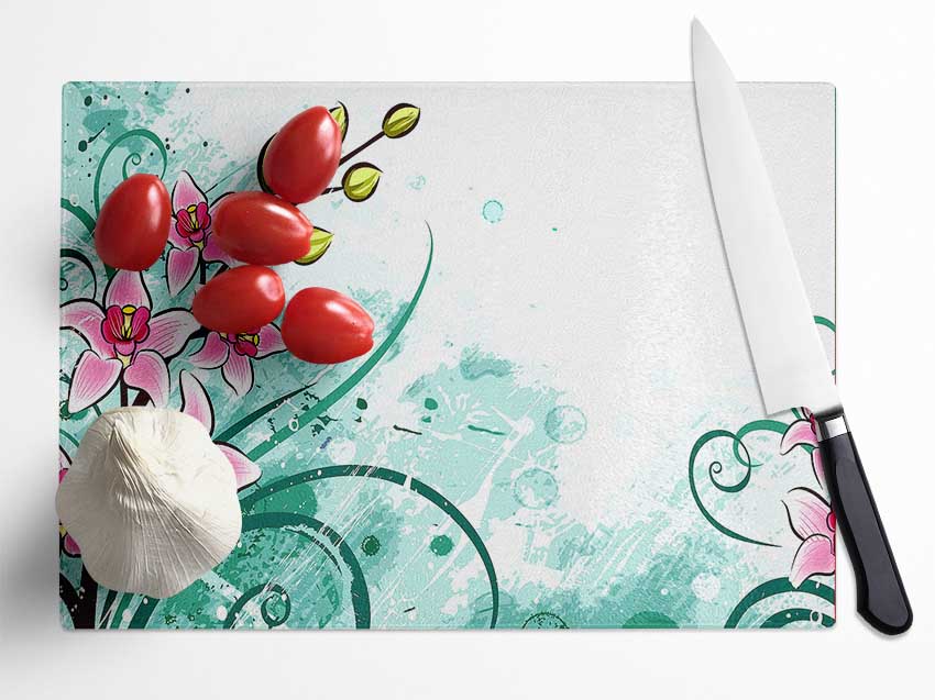 Pink Flowers Glass Chopping Board