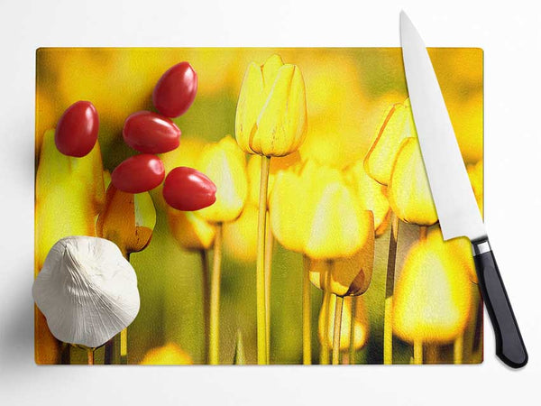 Yellow Tulips In The Garden Glass Chopping Board