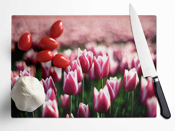 Pink Tulips Spring Glass Chopping Board