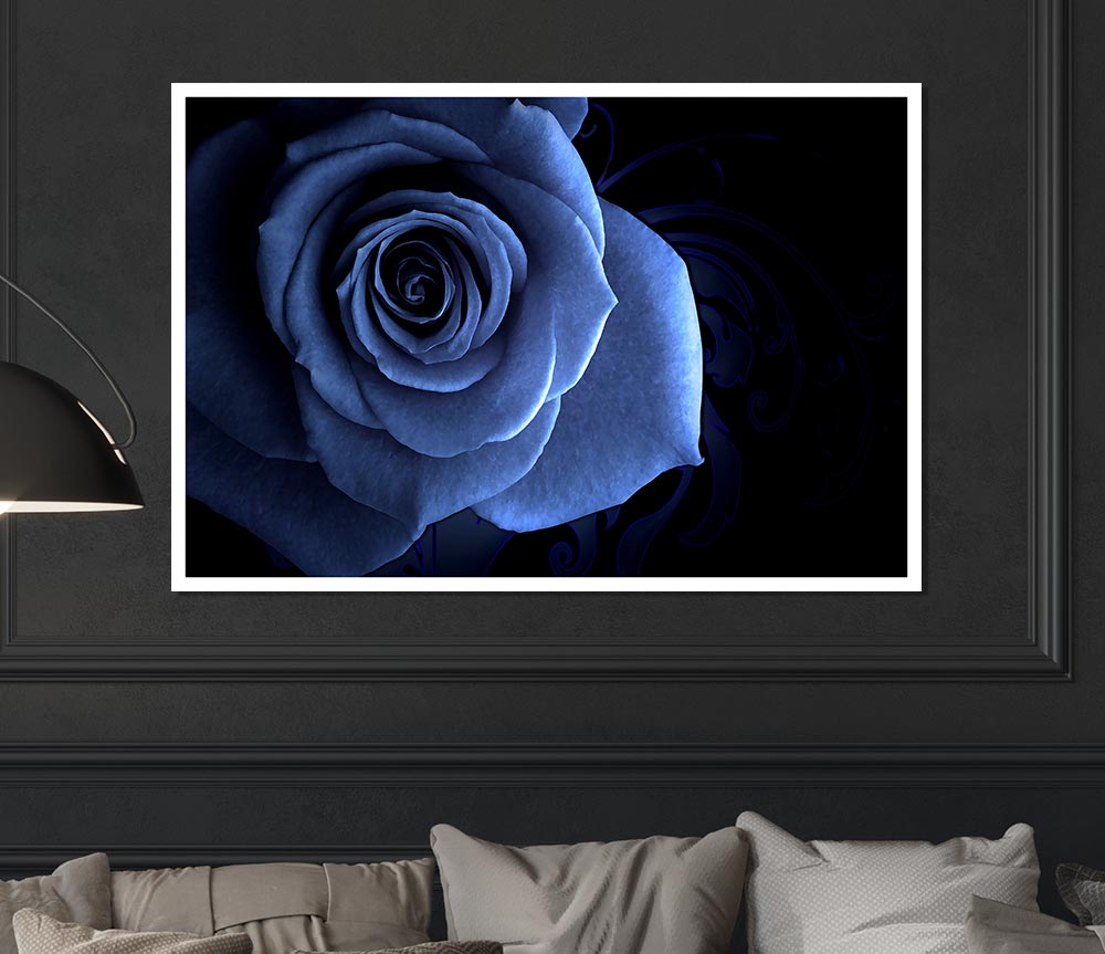 Blue Rose On Black Print Poster Wall Art