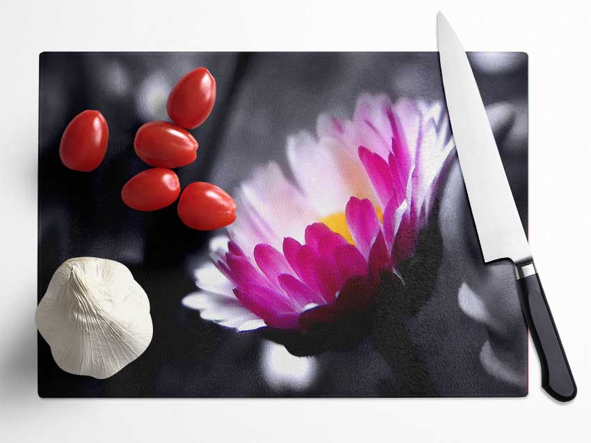 Pink Flower On Black And White Background Glass Chopping Board