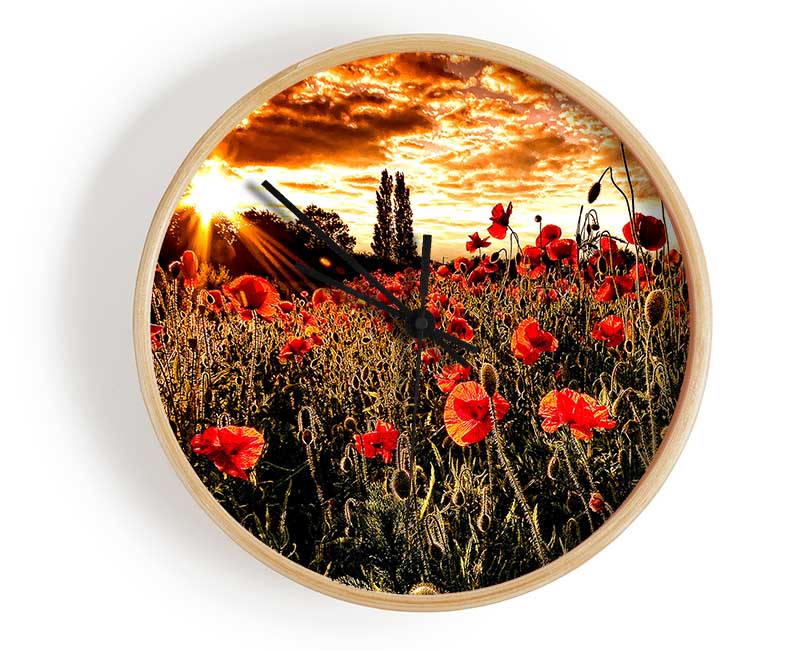 Red Poppy Field At Sunset Clock - Wallart-Direct UK