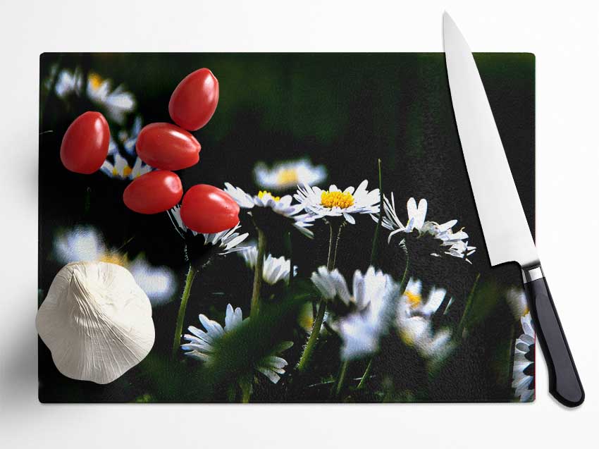 Grass And White Flowers Glass Chopping Board