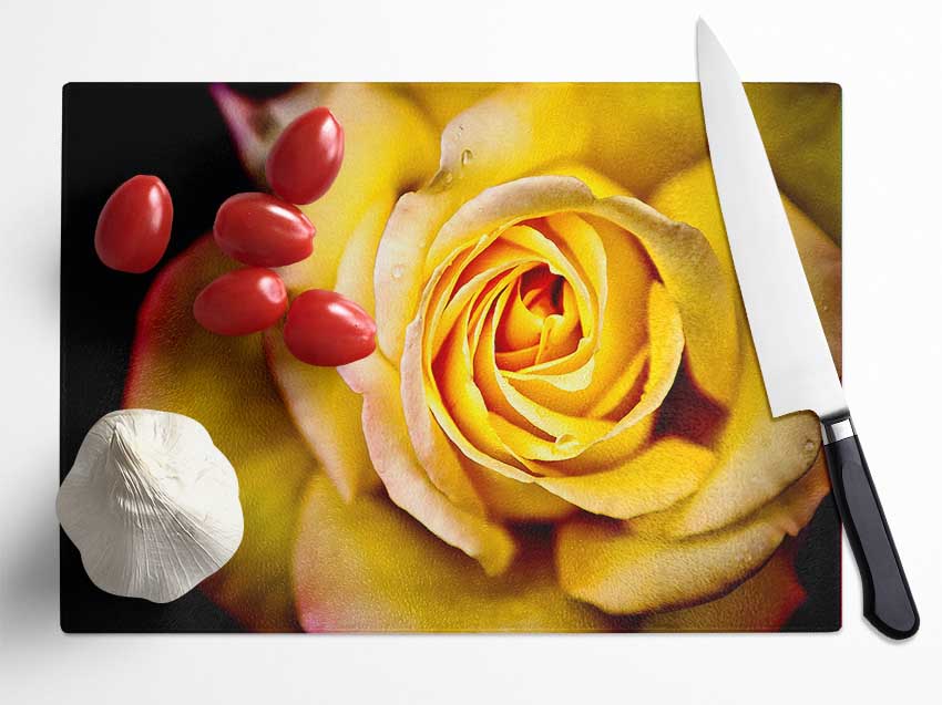 Yellow Rose Dew Drop Glass Chopping Board