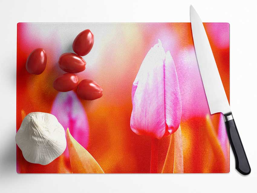 Pink Tulip On Red Glass Chopping Board