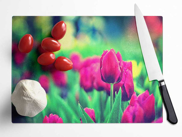 Cerise Tulip Garden Glass Chopping Board