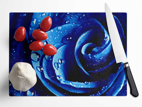 Wet Drops Blue Rose Glass Chopping Board