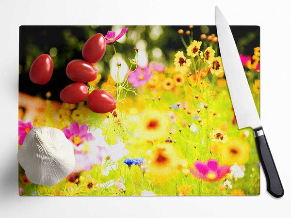 Vivid Wild Rainbow Flowers Glass Chopping Board