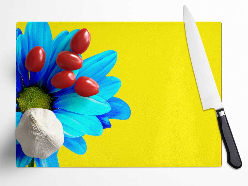 Blue Daisy On Yellow Glass Chopping Board