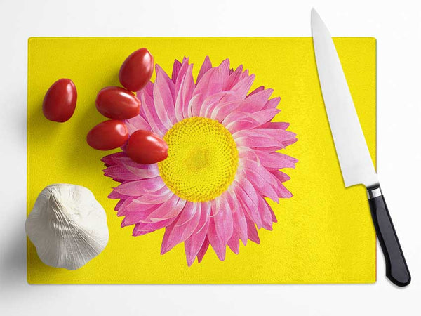 Pink Daisy On Yellow Twist Glass Chopping Board