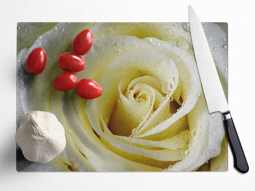 White Rose Petal Dew Glass Chopping Board