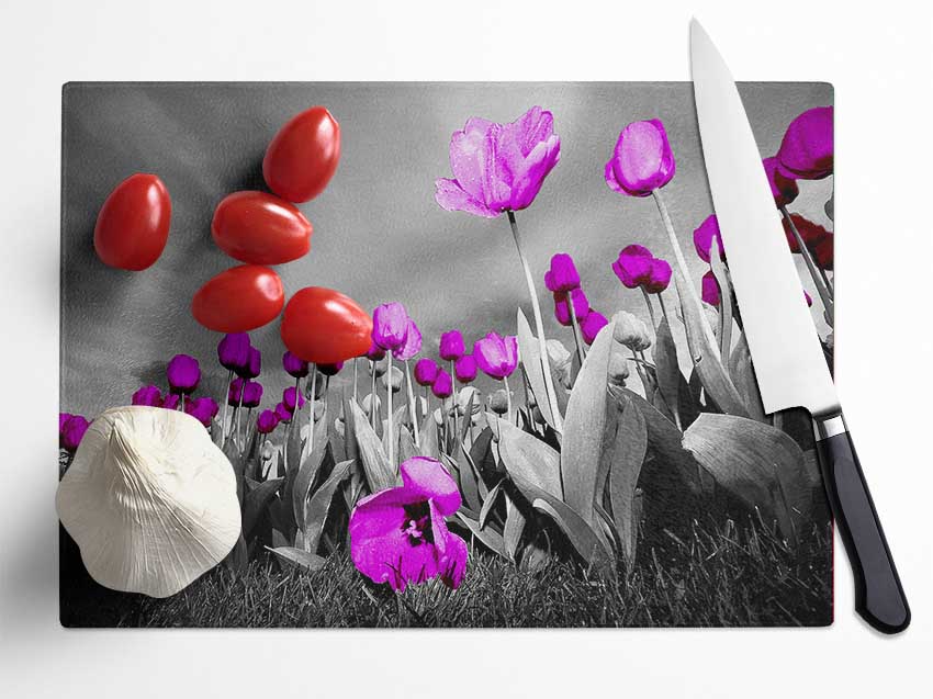 Purple Tuilp Skies B n W Glass Chopping Board